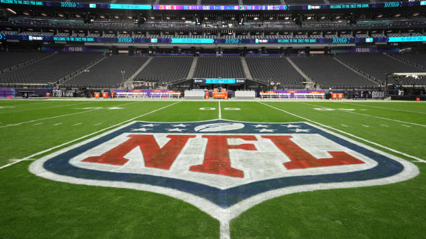 Feb 6, 2022; Paradise, Nevada, USA; The NFL shield logo is seen at midfield before the Pro Bowl football game at Allegiant Stadium. Mandatory Credit: Kirby Lee-USA TODAY Sports